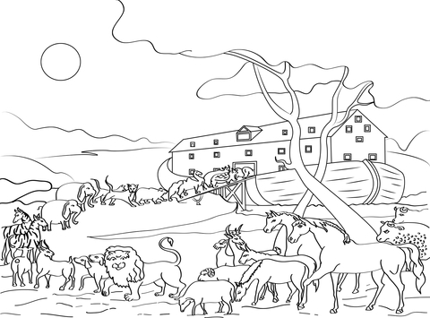 Animals Loading Noah'S Ark  Coloring Page